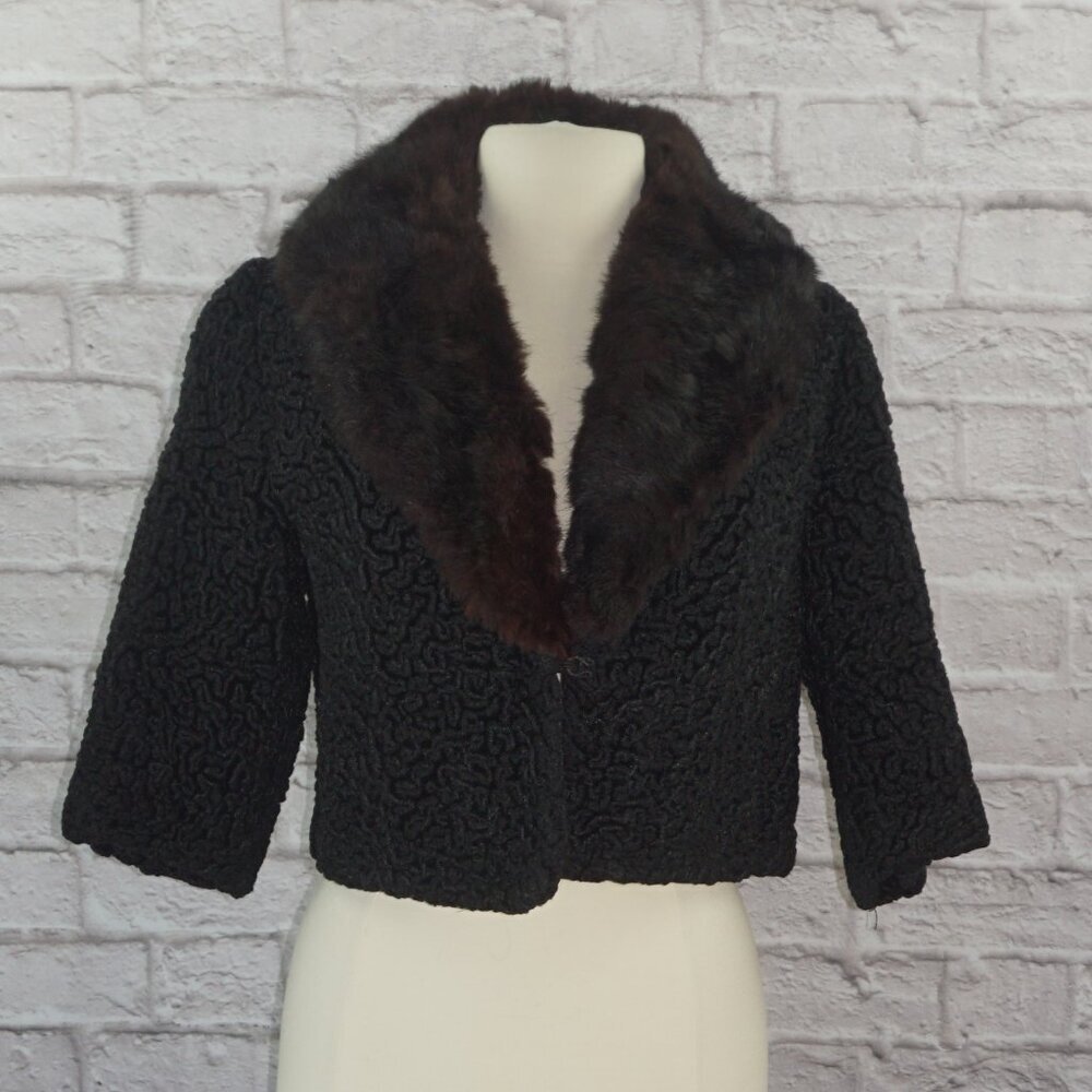 Vintage 50s Persian Curly Lamb Mink Fur Collar Cropped Jacket